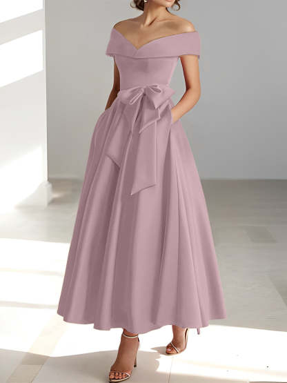 Princess A-Line Sleeveless Off-the-Shoulder Mother of the Bride Dress with Pockets Ankle-Length