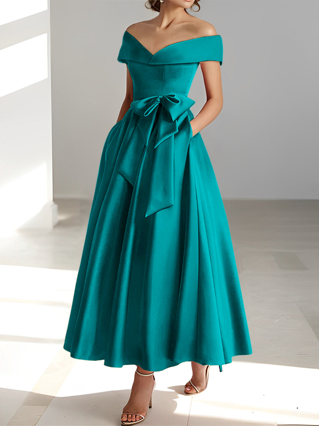 Princess A-Line Sleeveless Off-the-Shoulder Mother of the Bride Dress with Pockets Ankle-Length