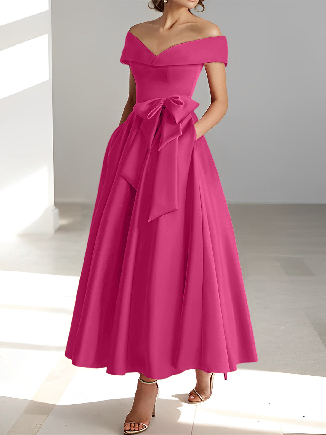 Princess A-Line Sleeveless Off-the-Shoulder Mother of the Bride Dress with Pockets Ankle-Length