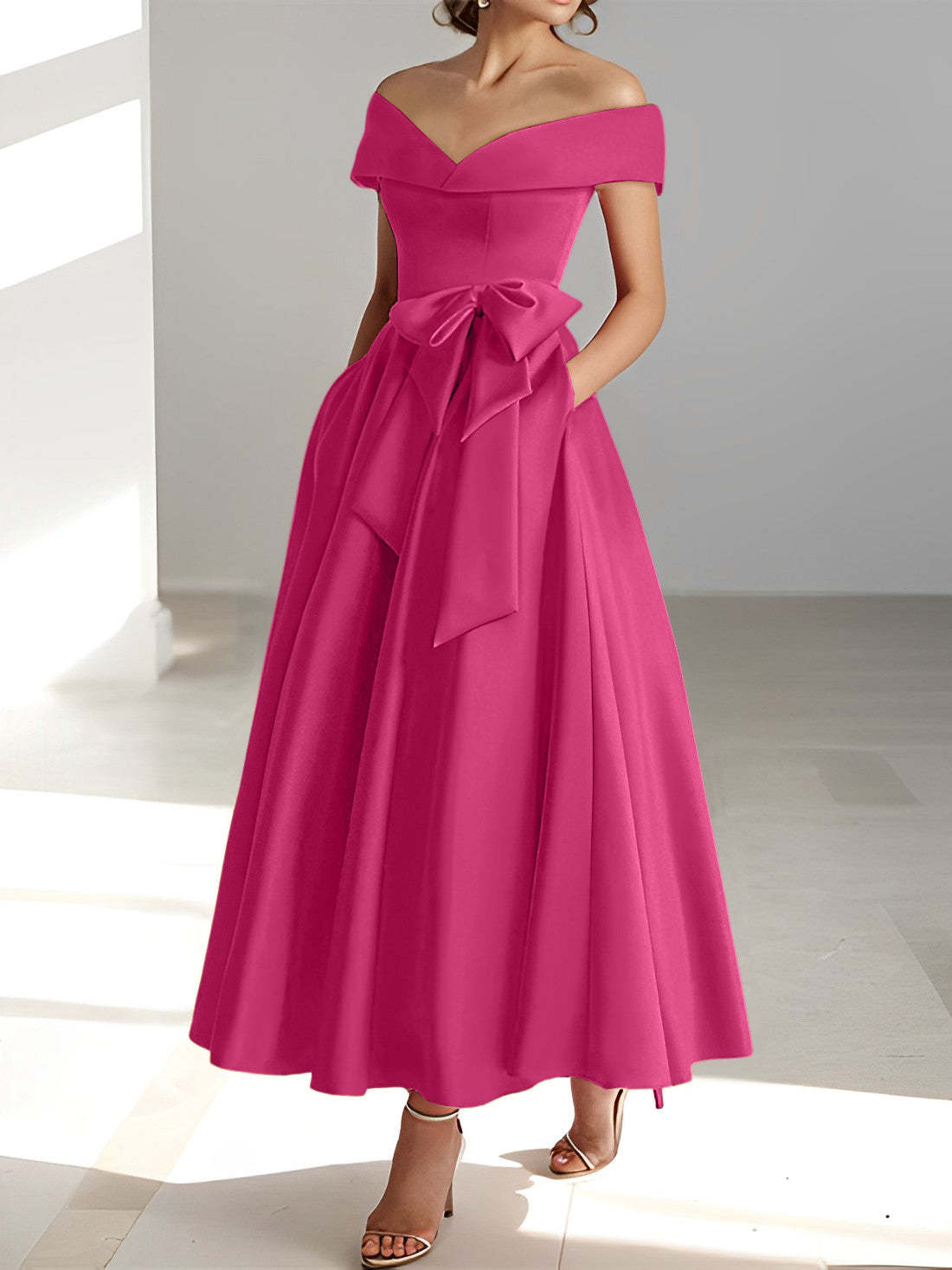 Princess A-Line Sleeveless Off-the-Shoulder Mother of the Bride Dress with Pockets Ankle-Length