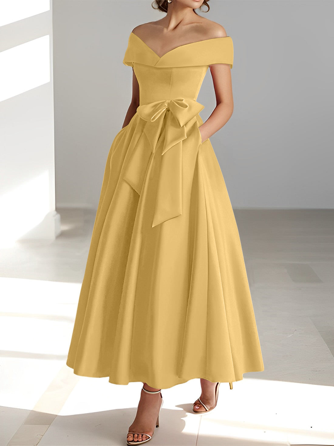 Princess A-Line Sleeveless Off-the-Shoulder Mother of the Bride Dress with Pockets Ankle-Length