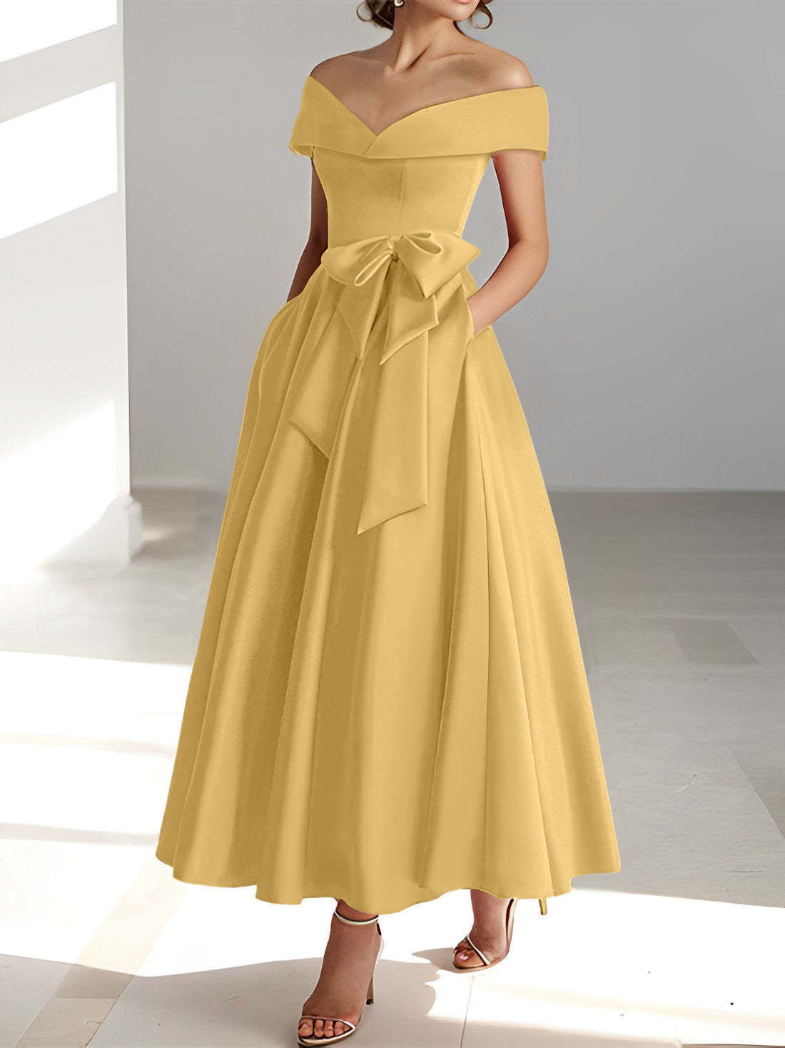 Princess A-Line Sleeveless Off-the-Shoulder Mother of the Bride Dress with Pockets Ankle-Length