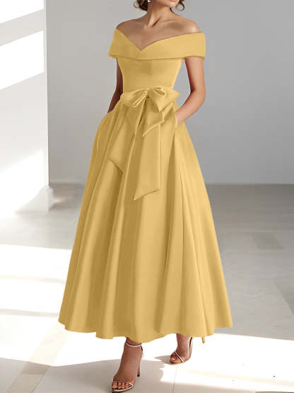 Princess A-Line Sleeveless Off-the-Shoulder Mother of the Bride Dress with Pockets Ankle-Length