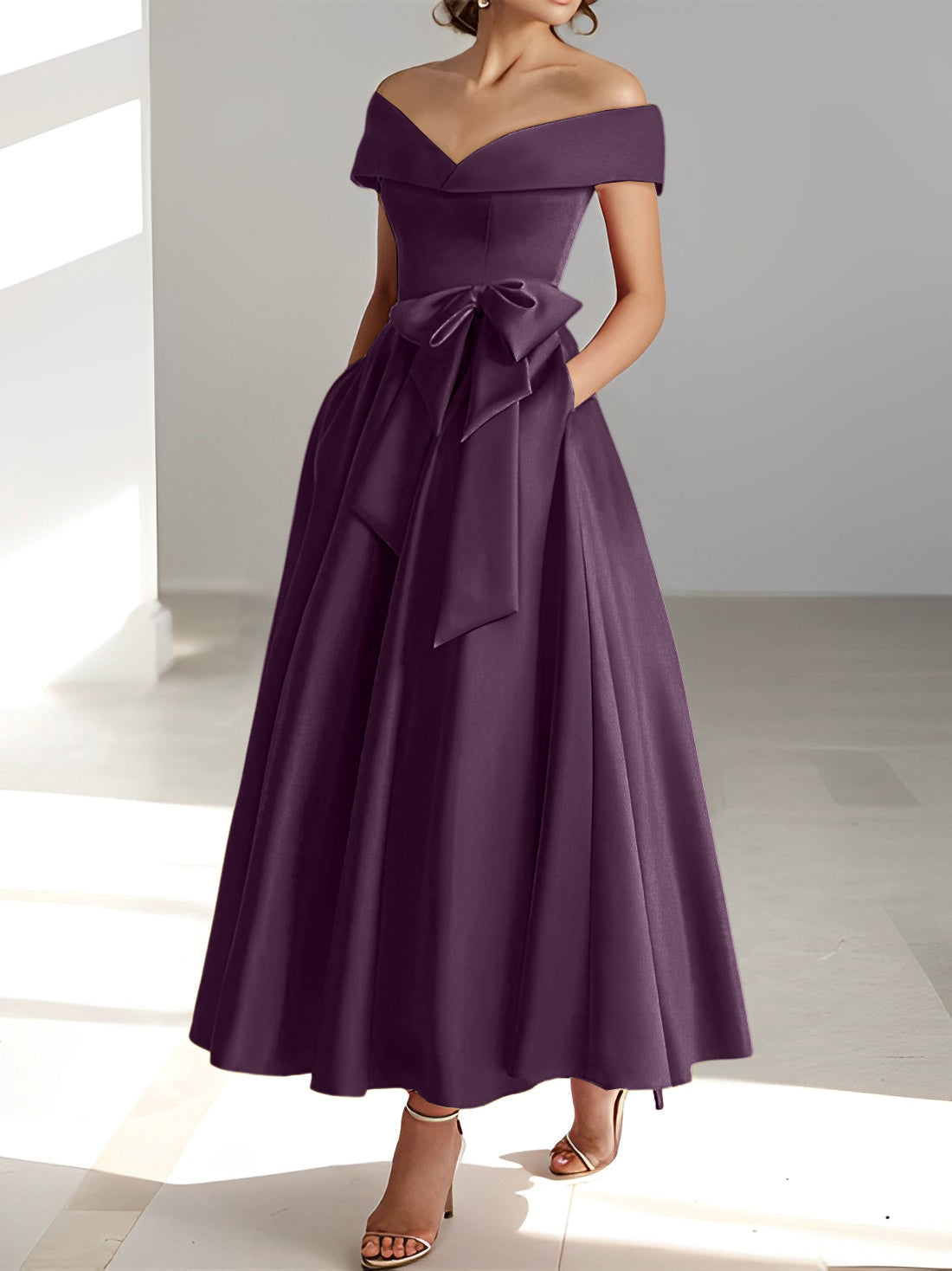 Princess A-Line Sleeveless Off-the-Shoulder Mother of the Bride Dress with Pockets Ankle-Length