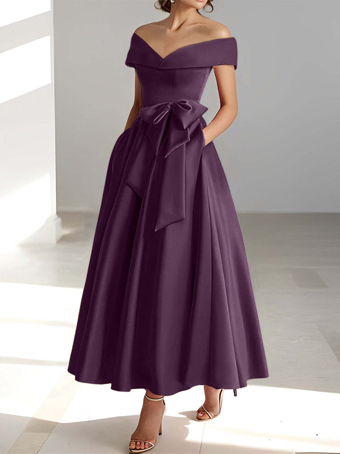 Princess A-Line Sleeveless Off-the-Shoulder Mother of the Bride Dress with Pockets Ankle-Length