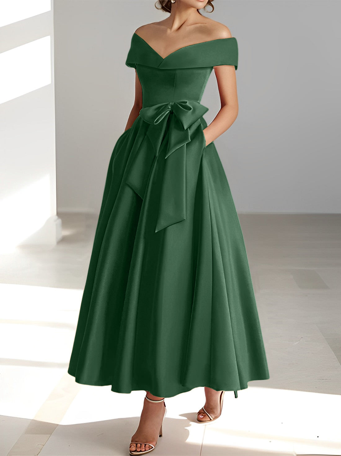 Princess A-Line Sleeveless Off-the-Shoulder Mother of the Bride Dress with Pockets Ankle-Length