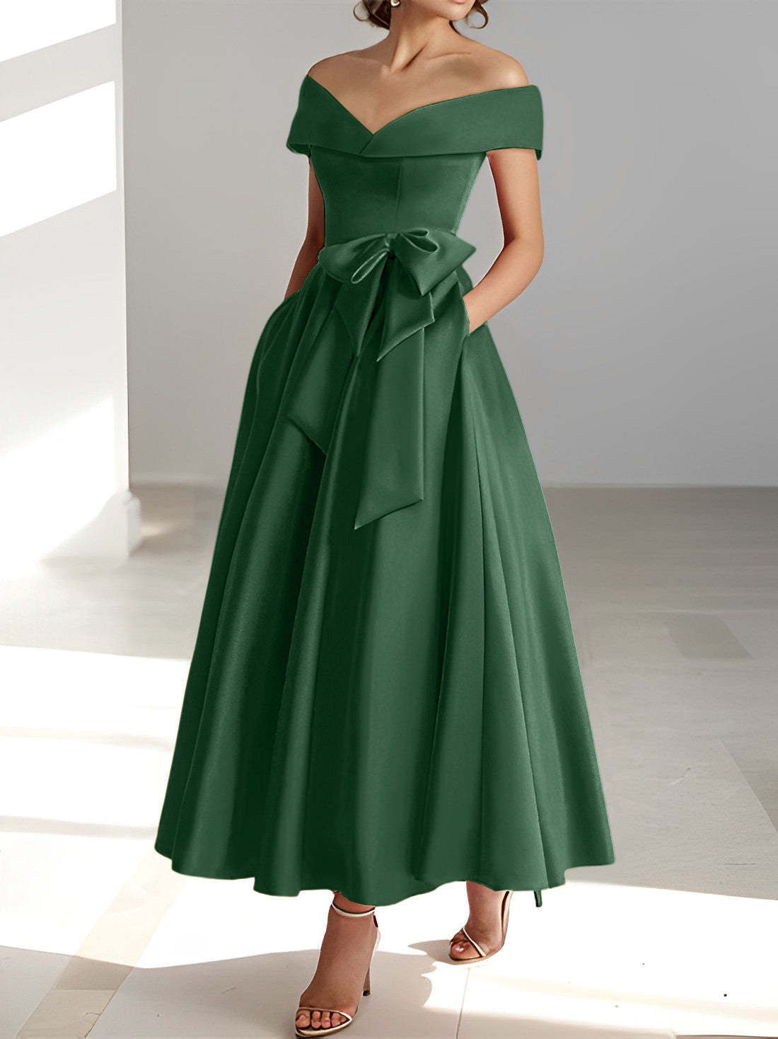 Princess A-Line Sleeveless Off-the-Shoulder Mother of the Bride Dress with Pockets Ankle-Length