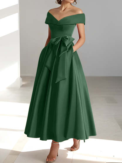 Princess A-Line Sleeveless Off-the-Shoulder Mother of the Bride Dress with Pockets Ankle-Length