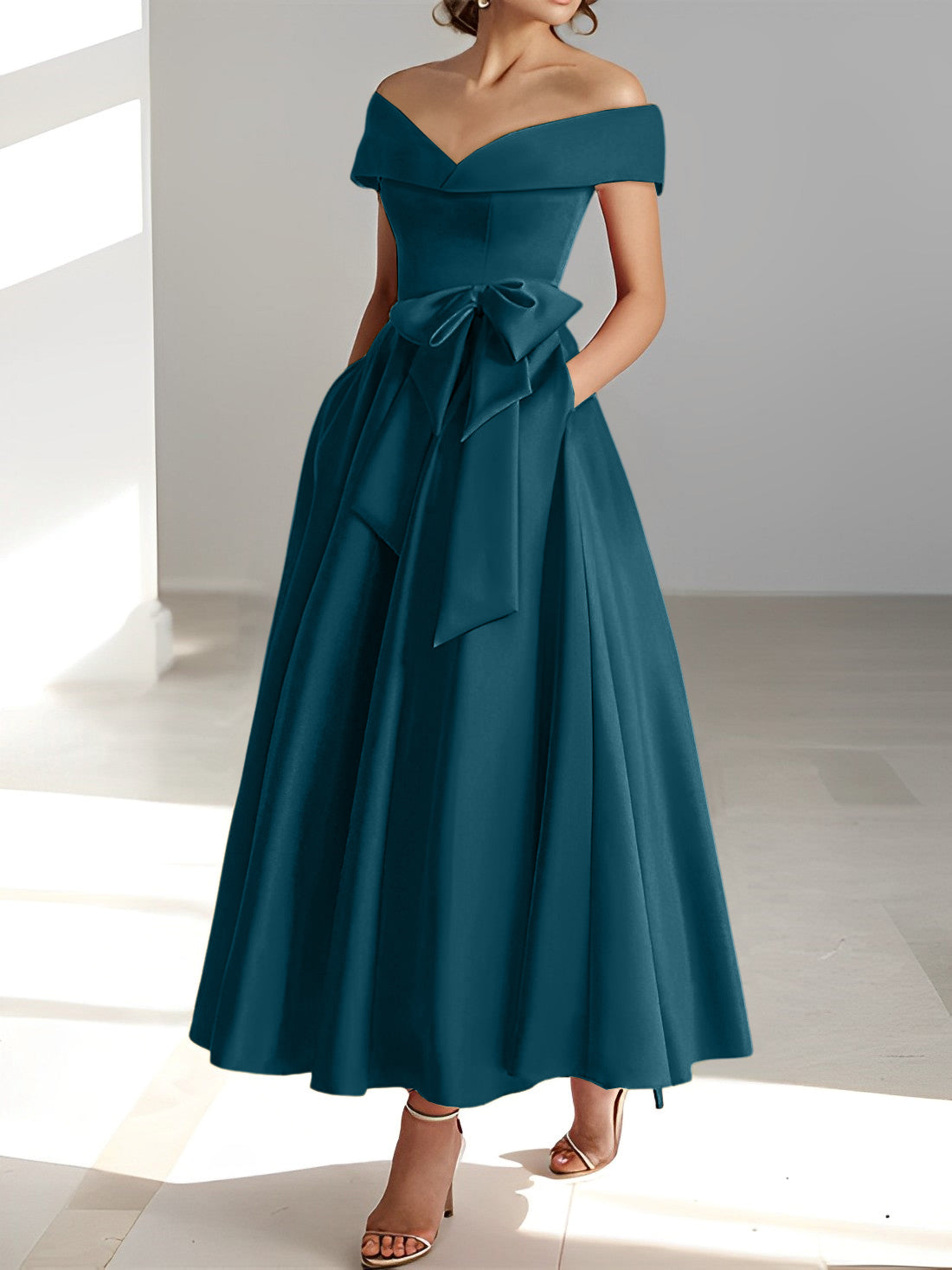 Princess A-Line Sleeveless Off-the-Shoulder Mother of the Bride Dress with Pockets Ankle-Length