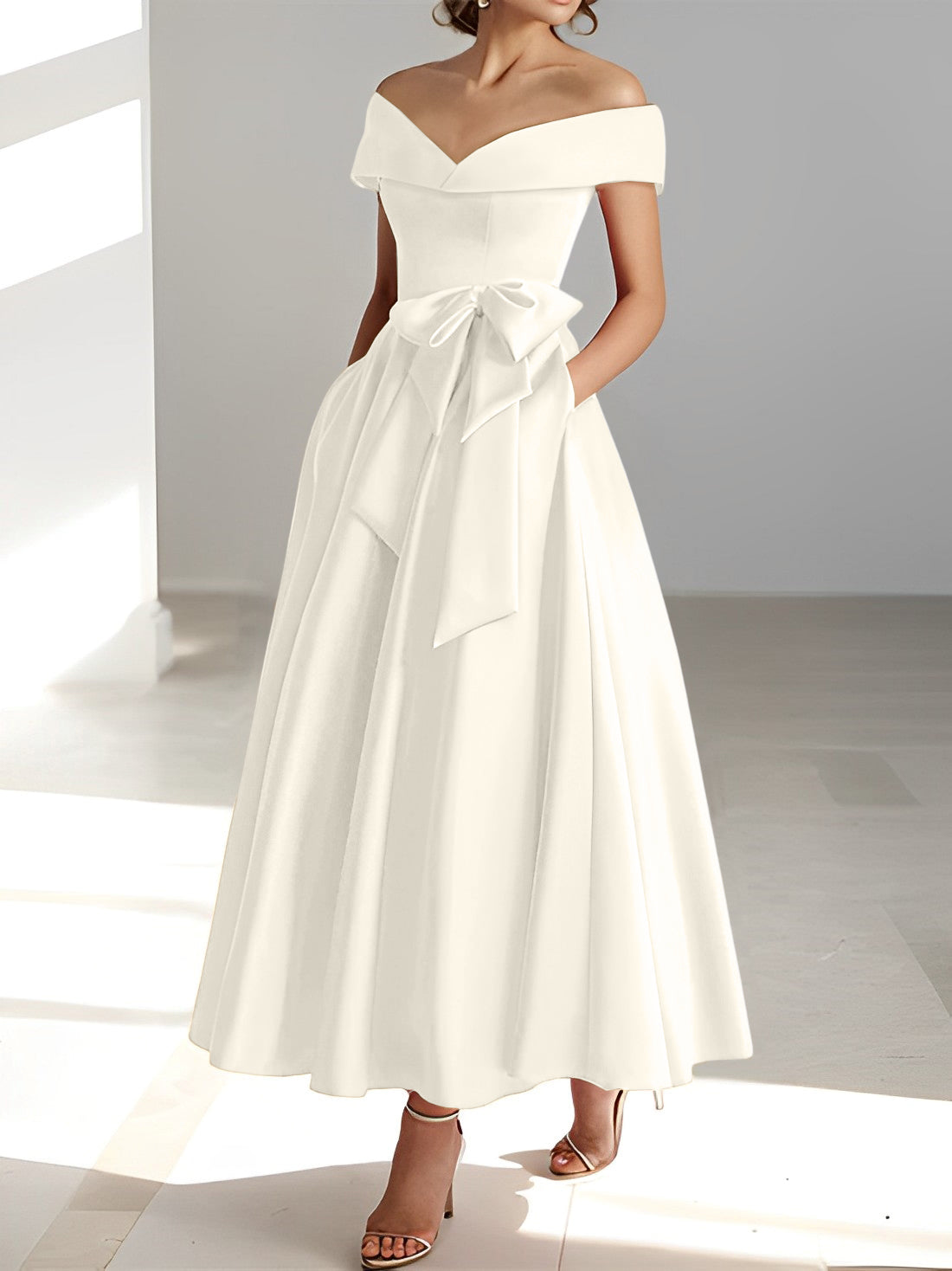 Princess A-Line Sleeveless Off-the-Shoulder Mother of the Bride Dress with Pockets Ankle-Length