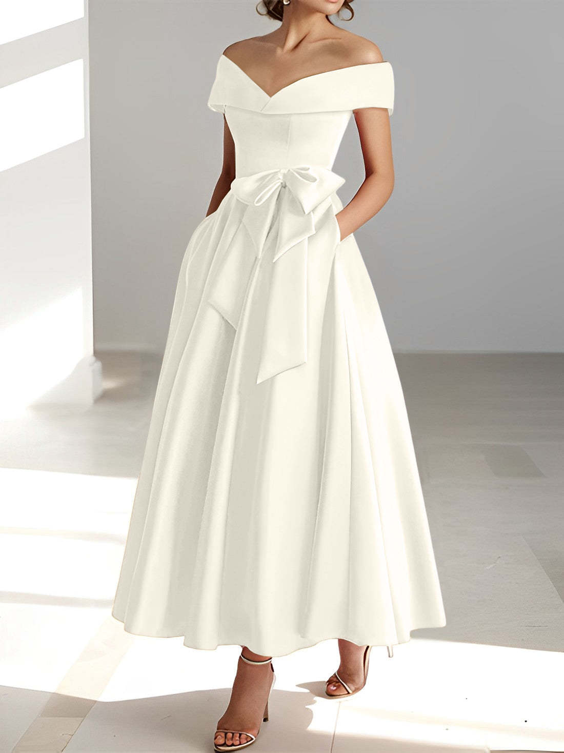 Princess A-Line Sleeveless Off-the-Shoulder Mother of the Bride Dress with Pockets Ankle-Length