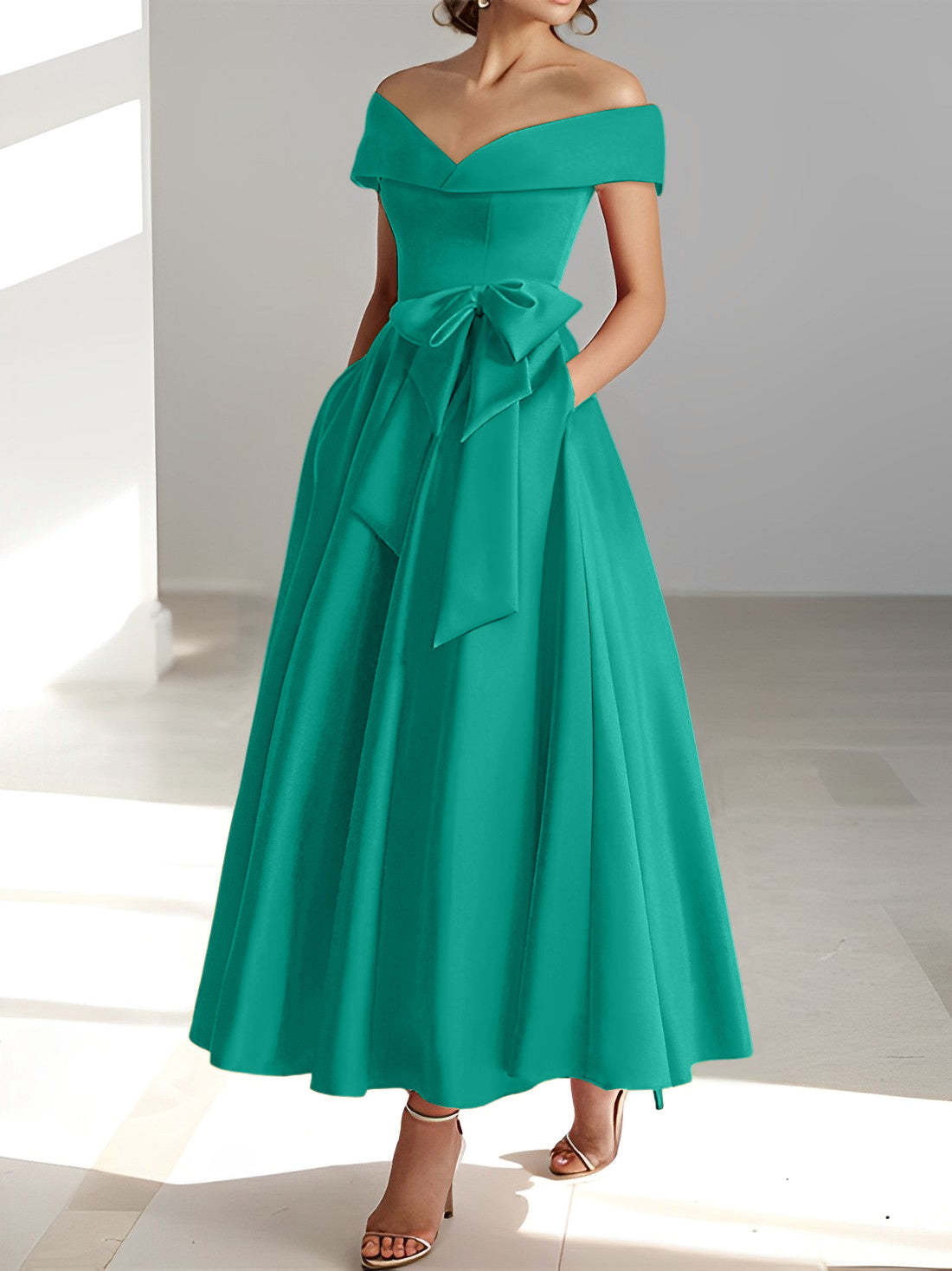 Princess A-Line Sleeveless Off-the-Shoulder Mother of the Bride Dress with Pockets Ankle-Length