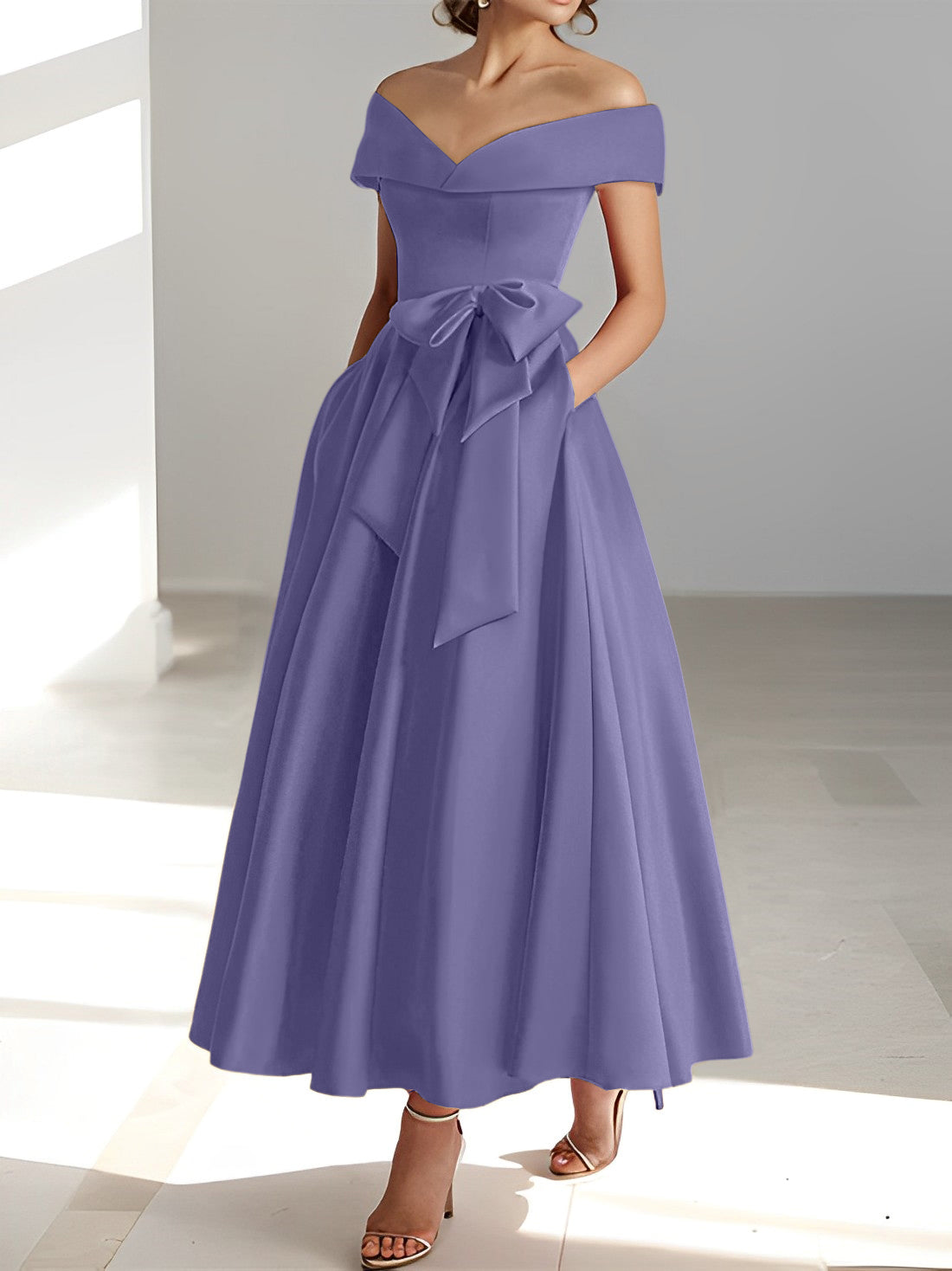 Princess A-Line Sleeveless Off-the-Shoulder Mother of the Bride Dress with Pockets Ankle-Length