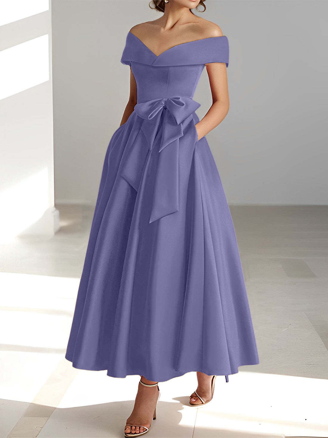 Princess A-Line Sleeveless Off-the-Shoulder Mother of the Bride Dress with Pockets Ankle-Length