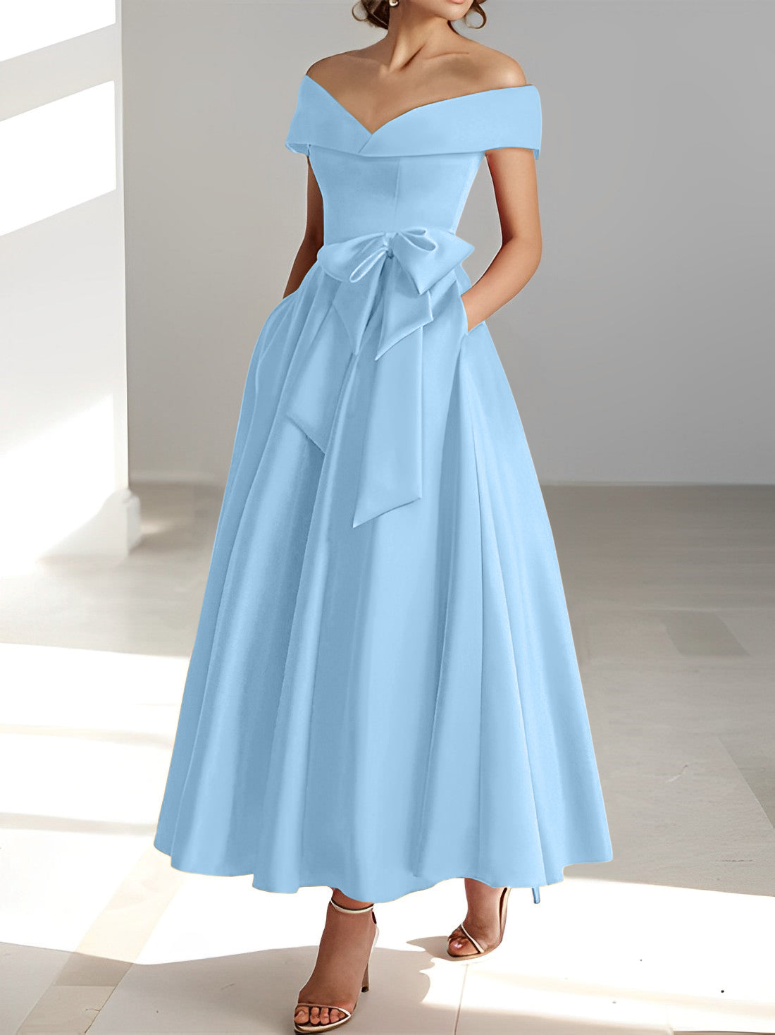 Princess A-Line Sleeveless Off-the-Shoulder Mother of the Bride Dress with Pockets Ankle-Length