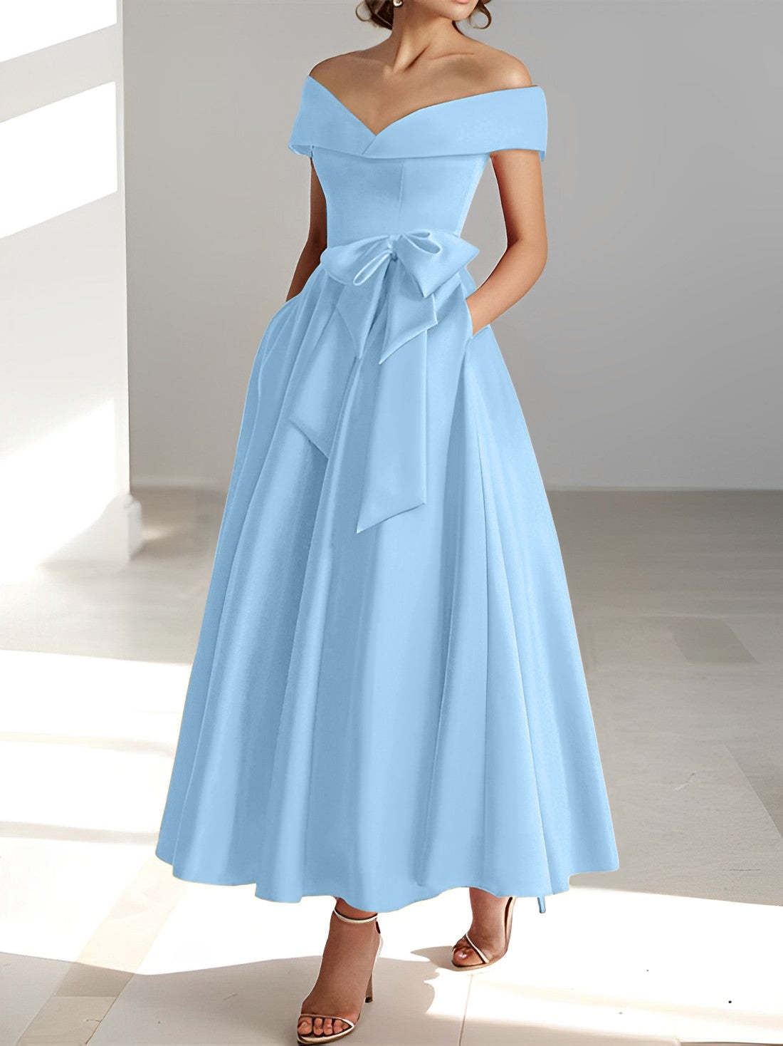 Princess A-Line Sleeveless Off-the-Shoulder Mother of the Bride Dress with Pockets Ankle-Length