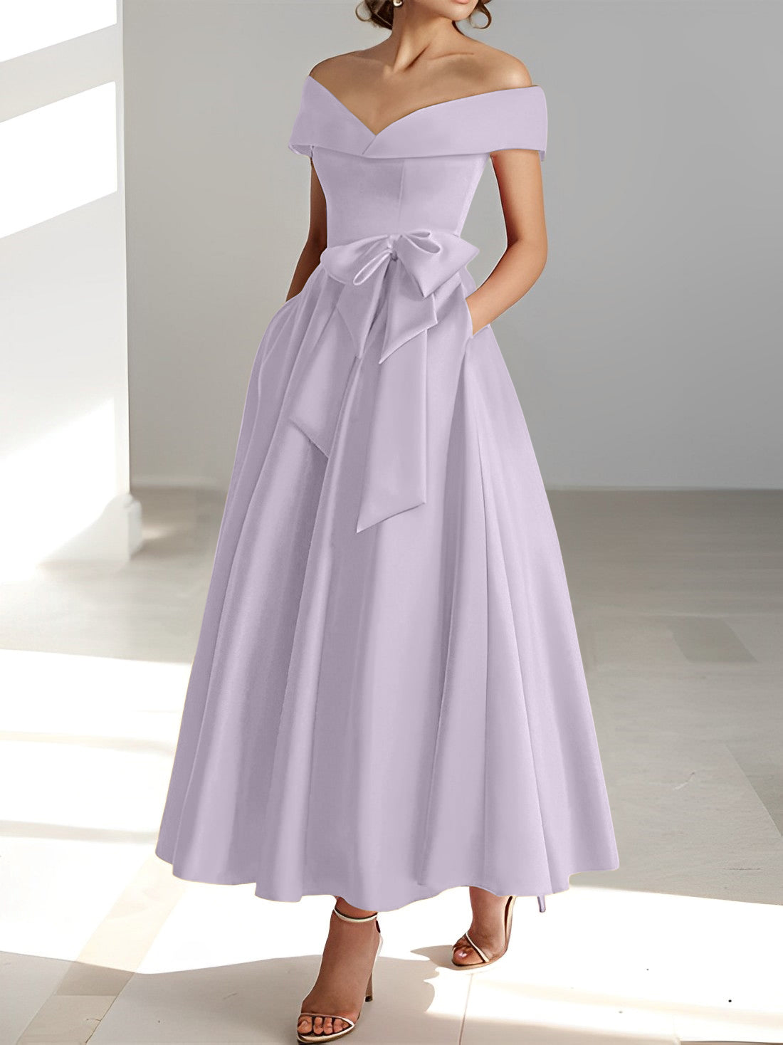 Princess A-Line Sleeveless Off-the-Shoulder Mother of the Bride Dress with Pockets Ankle-Length