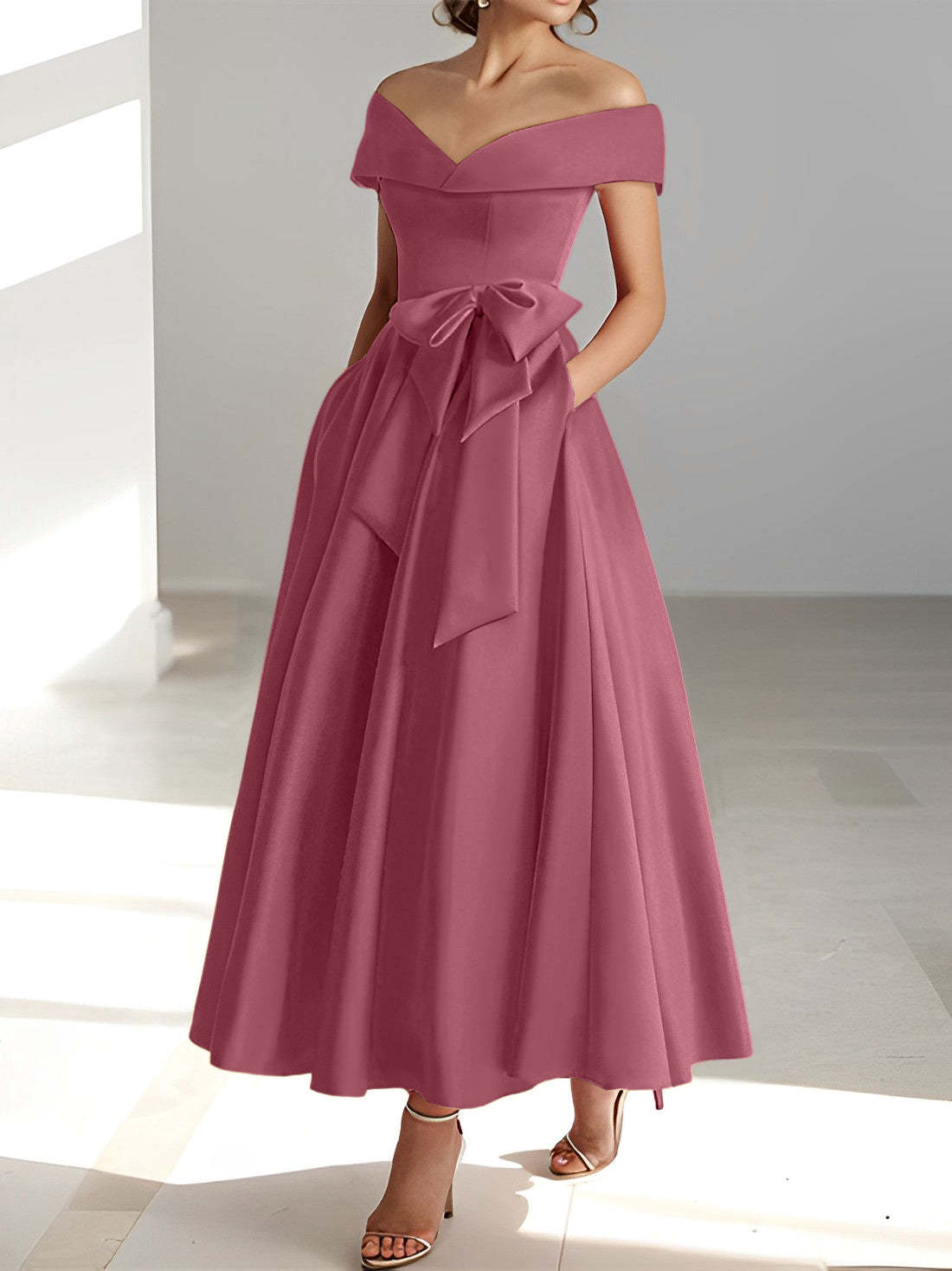 Princess A-Line Sleeveless Off-the-Shoulder Mother of the Bride Dress with Pockets Ankle-Length
