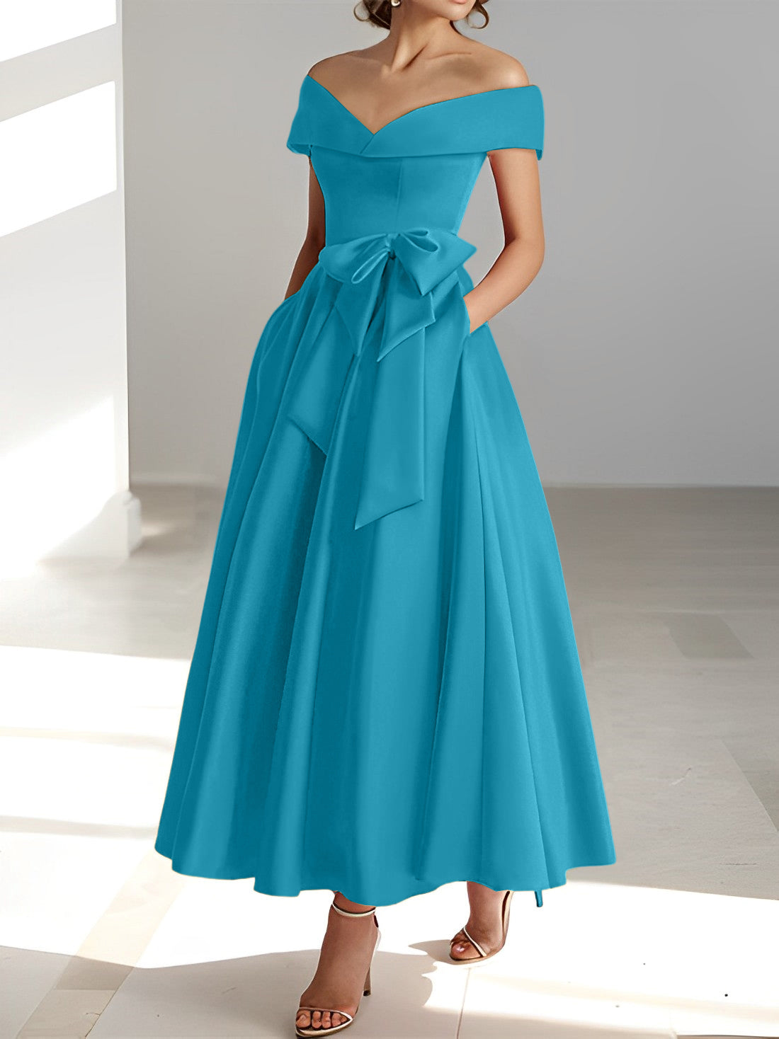 Princess A-Line Sleeveless Off-the-Shoulder Mother of the Bride Dress with Pockets Ankle-Length