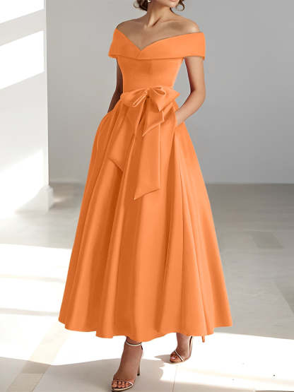 Princess A-Line Sleeveless Off-the-Shoulder Mother of the Bride Dress with Pockets Ankle-Length