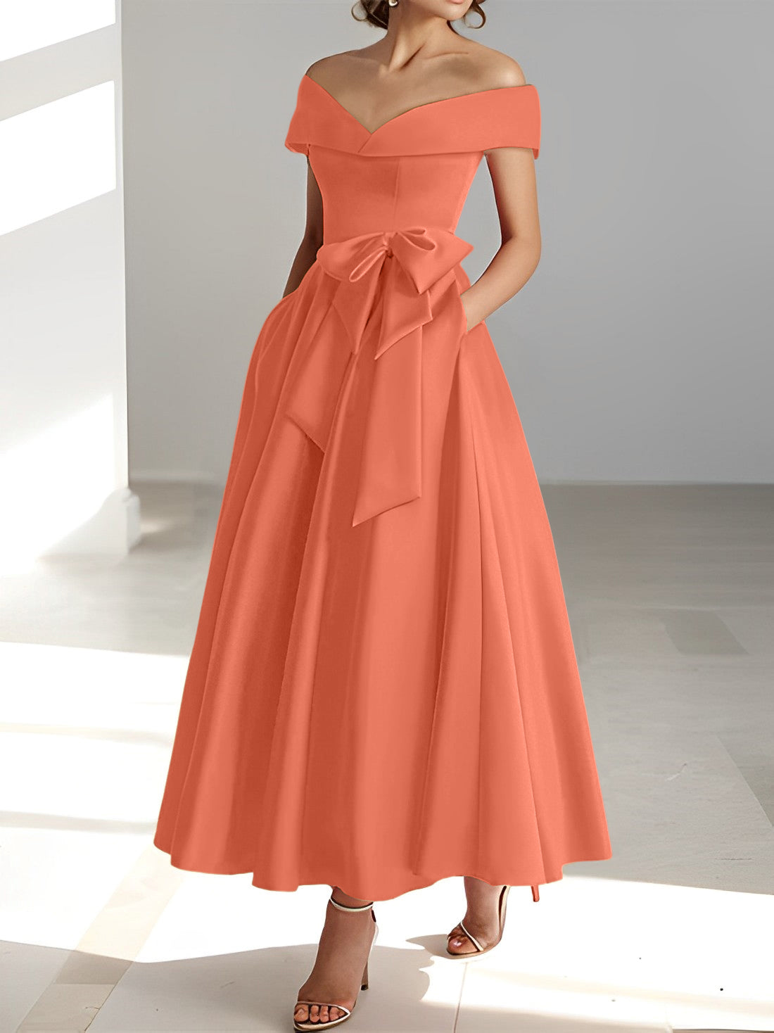 Princess A-Line Sleeveless Off-the-Shoulder Mother of the Bride Dress with Pockets Ankle-Length
