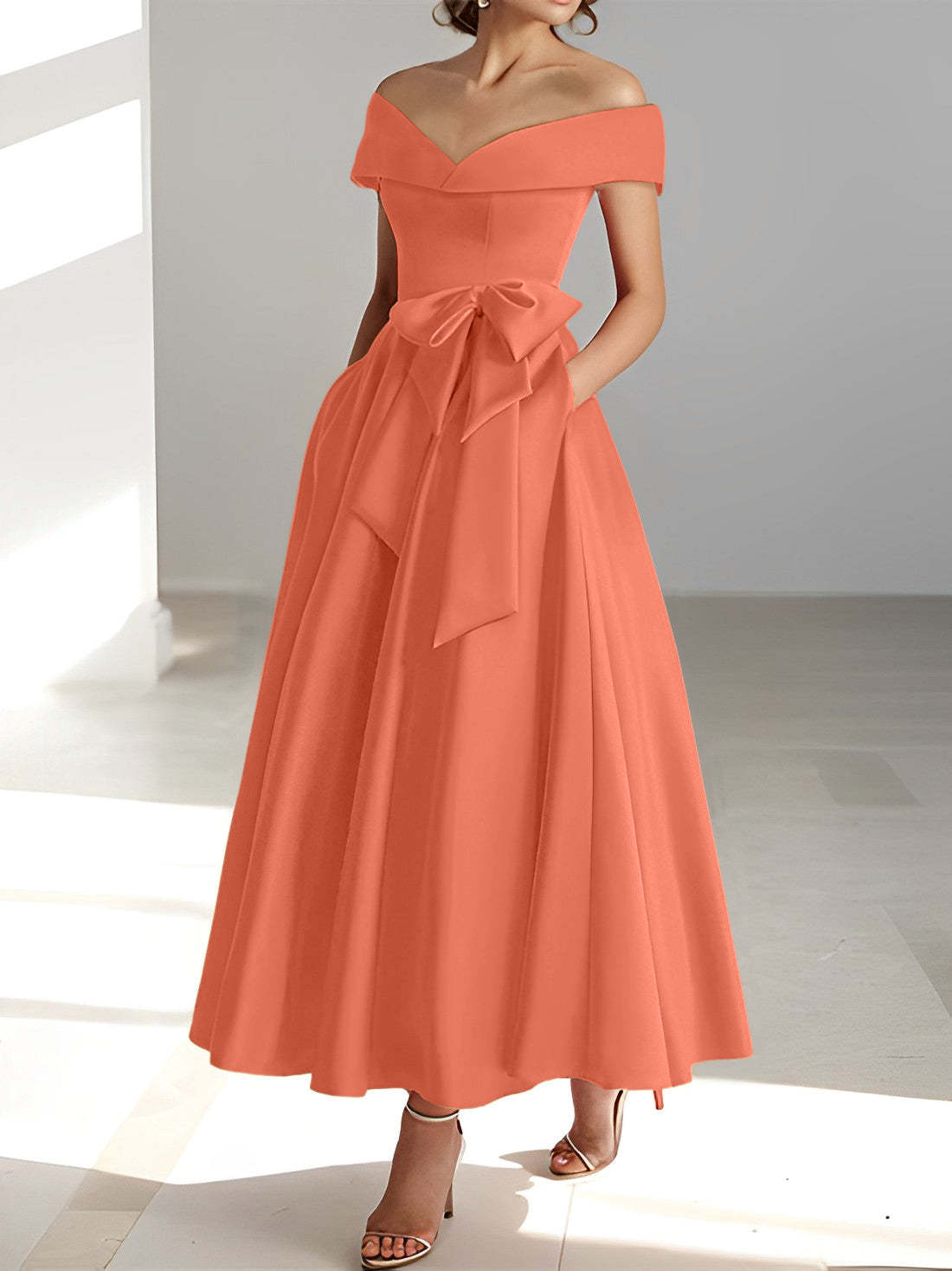 Princess A-Line Sleeveless Off-the-Shoulder Mother of the Bride Dress with Pockets Ankle-Length