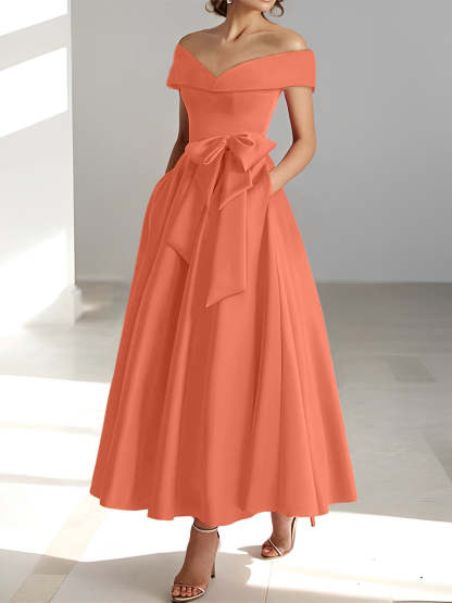 Princess A-Line Sleeveless Off-the-Shoulder Mother of the Bride Dress with Pockets Ankle-Length