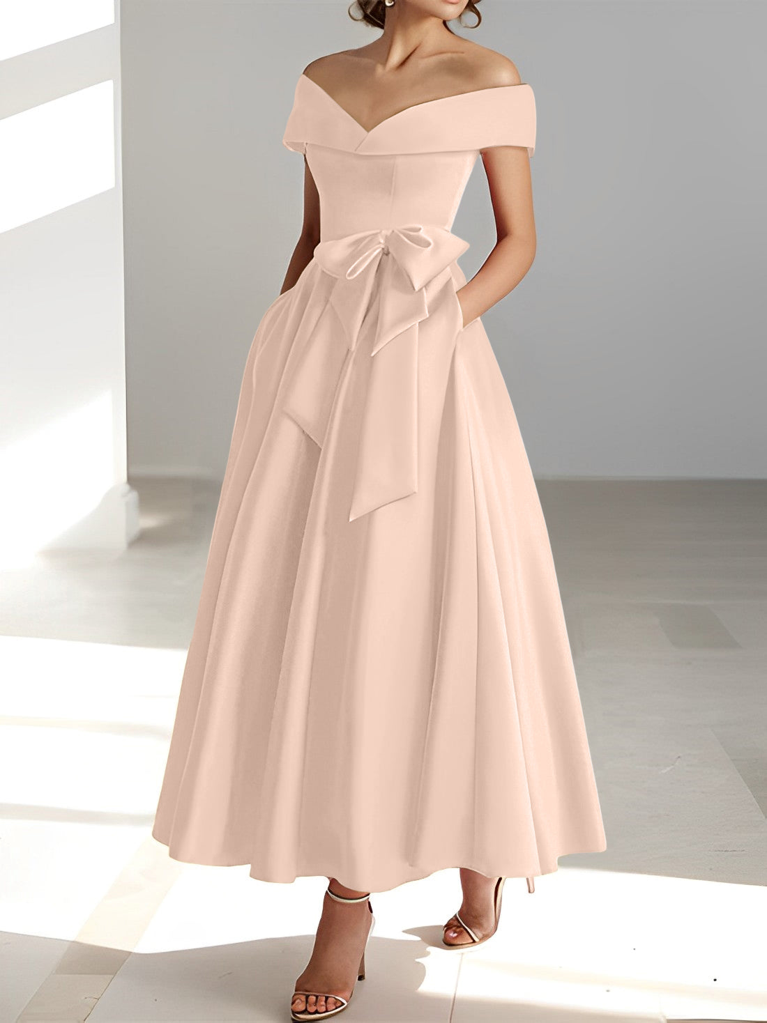 Princess A-Line Sleeveless Off-the-Shoulder Mother of the Bride Dress with Pockets Ankle-Length