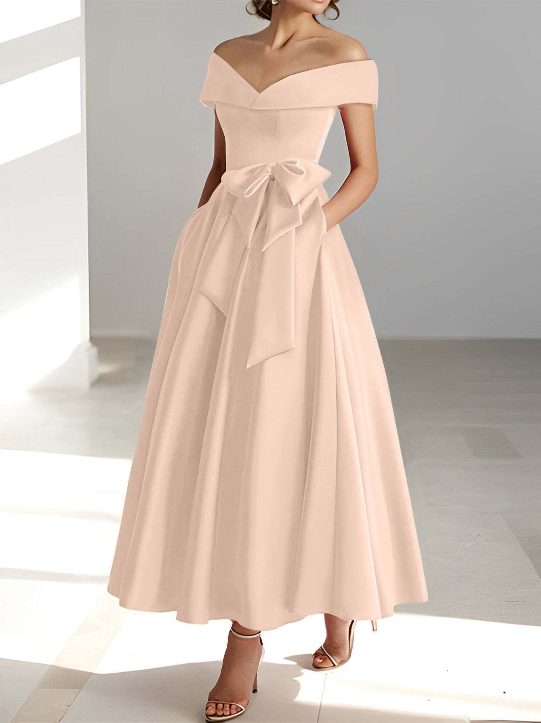 Princess A-Line Sleeveless Off-the-Shoulder Mother of the Bride Dress with Pockets Ankle-Length