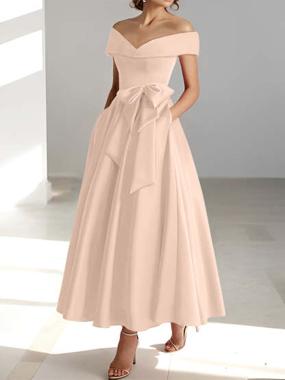 Princess A-Line Sleeveless Off-the-Shoulder Mother of the Bride Dress with Pockets Ankle-Length
