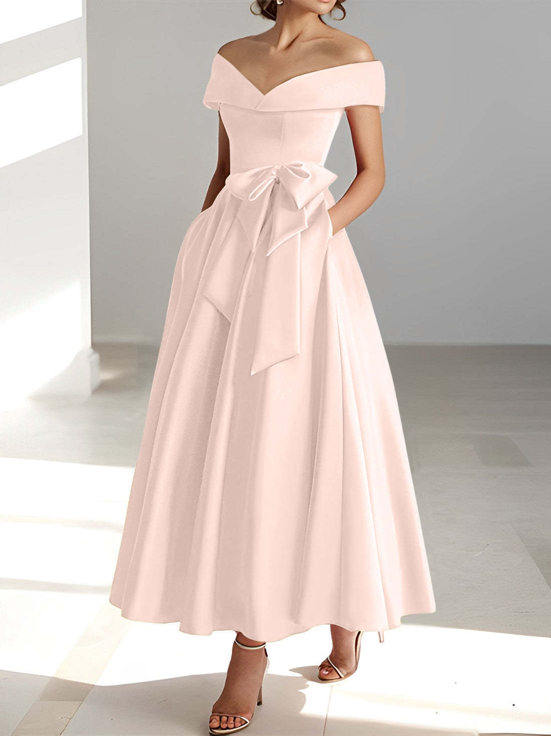 Princess A-Line Sleeveless Off-the-Shoulder Mother of the Bride Dress with Pockets Ankle-Length