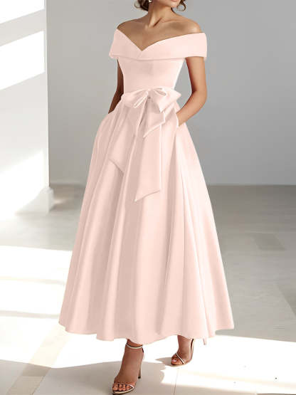 Princess A-Line Sleeveless Off-the-Shoulder Mother of the Bride Dress with Pockets Ankle-Length