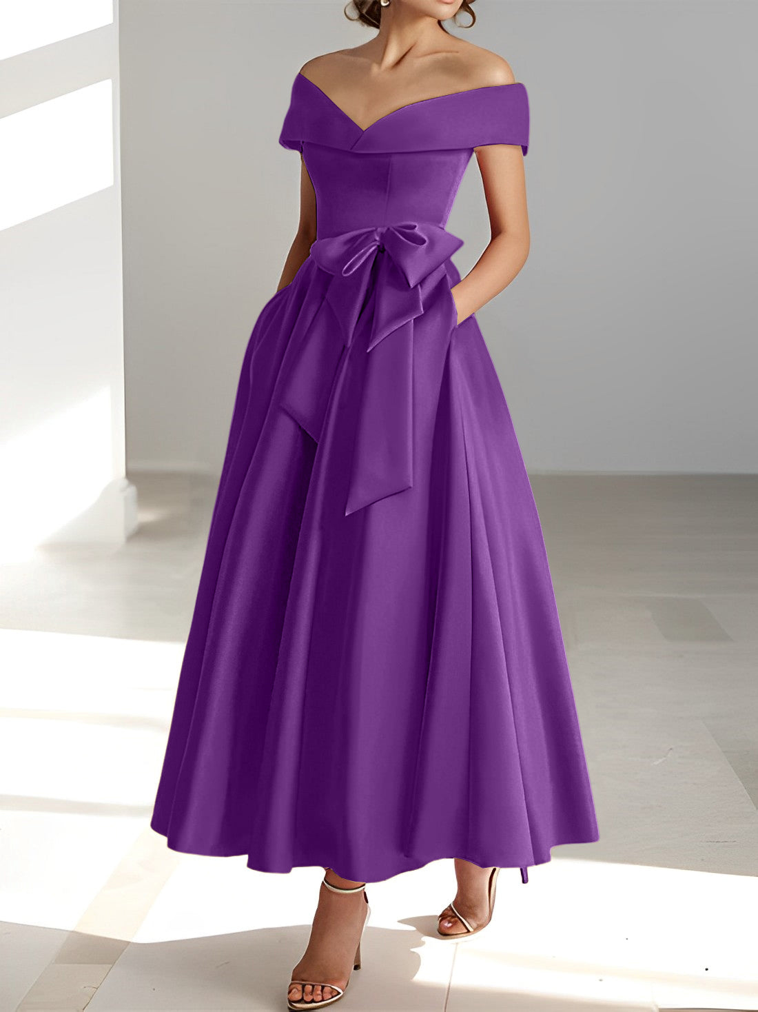 Princess A-Line Sleeveless Off-the-Shoulder Mother of the Bride Dress with Pockets Ankle-Length