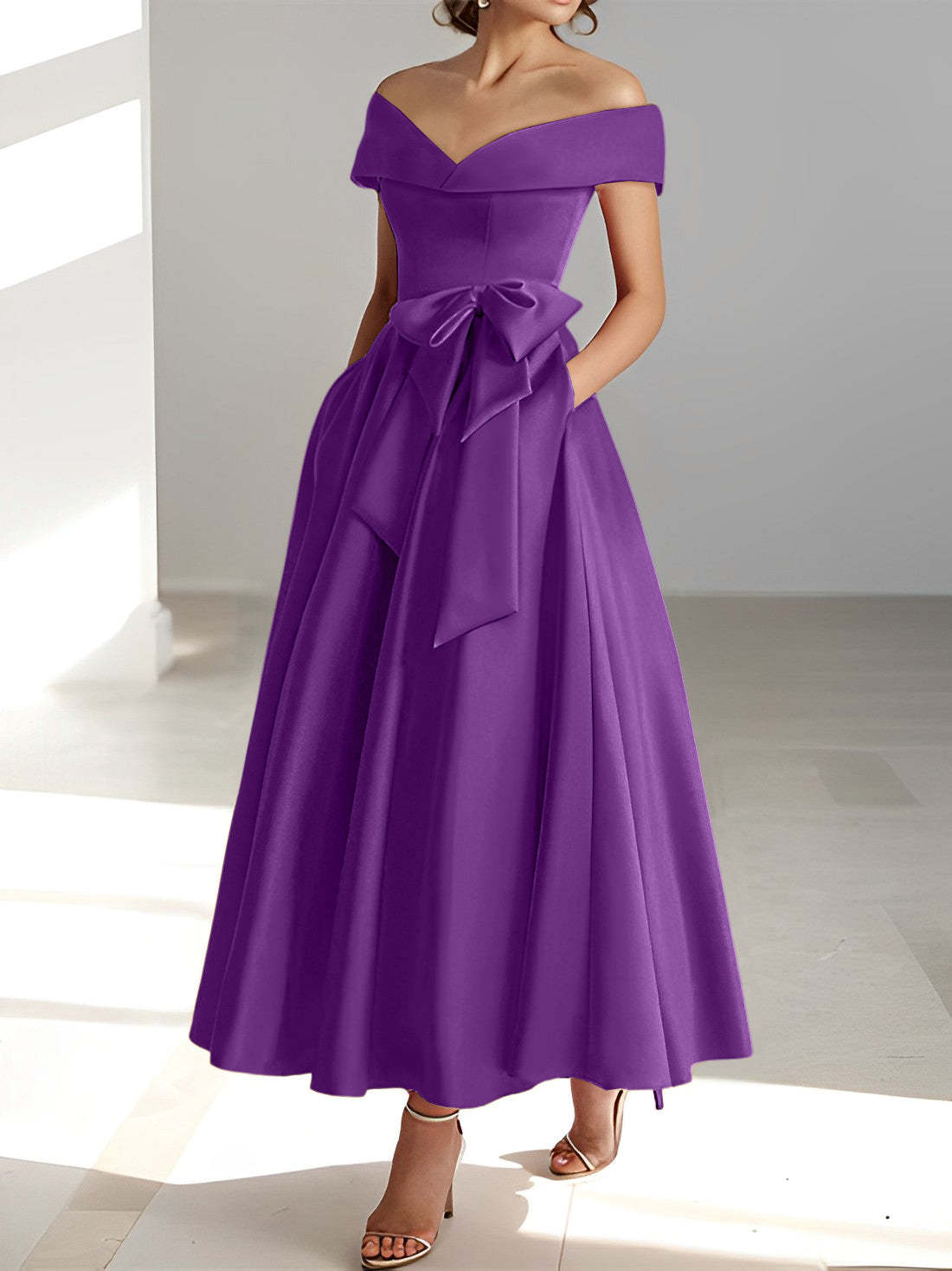 Princess A-Line Sleeveless Off-the-Shoulder Mother of the Bride Dress with Pockets Ankle-Length