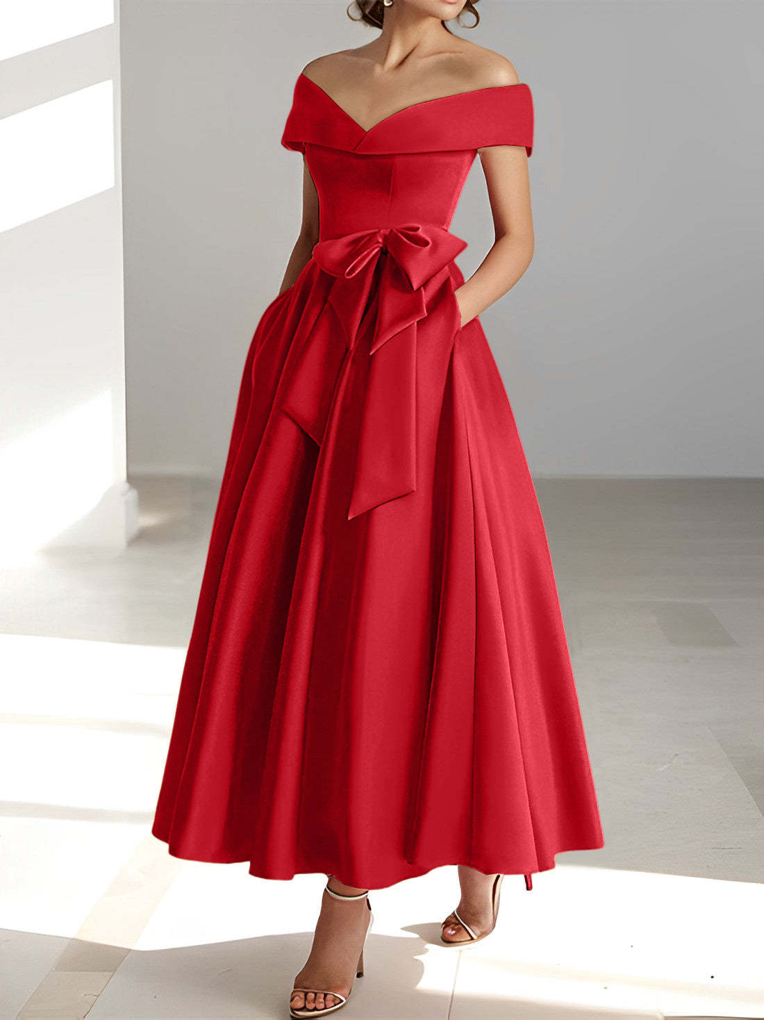 Princess A-Line Sleeveless Off-the-Shoulder Mother of the Bride Dress with Pockets Ankle-Length