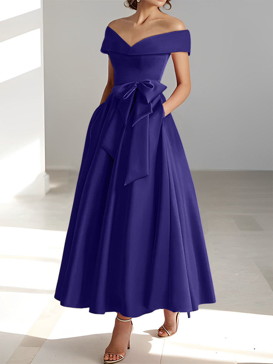 Princess A-Line Sleeveless Off-the-Shoulder Mother of the Bride Dress with Pockets Ankle-Length
