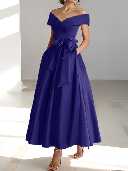 Princess A-Line Sleeveless Off-the-Shoulder Mother of the Bride Dress with Pockets Ankle-Length