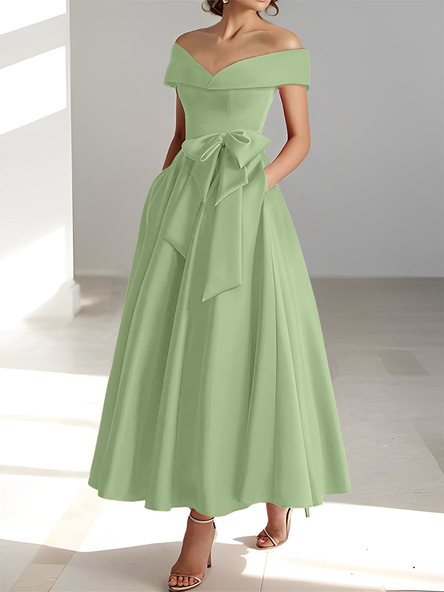 Princess A-Line Sleeveless Off-the-Shoulder Mother of the Bride Dress with Pockets Ankle-Length