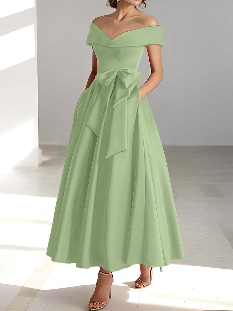 Princess A-Line Sleeveless Off-the-Shoulder Mother of the Bride Dress with Pockets Ankle-Length