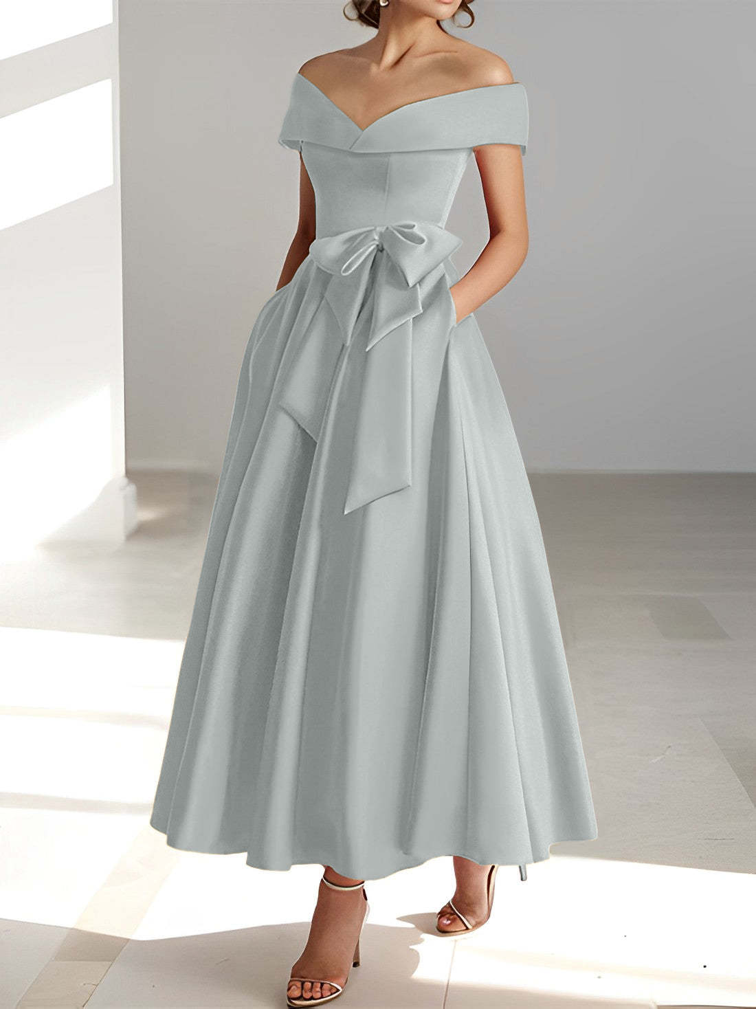 Princess A-Line Sleeveless Off-the-Shoulder Mother of the Bride Dress with Pockets Ankle-Length