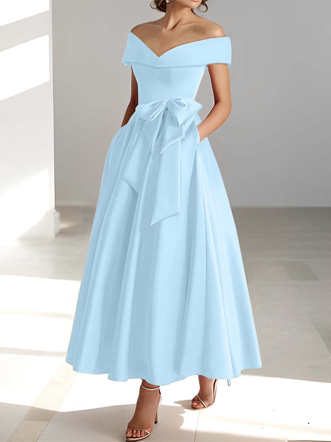 Princess A-Line Sleeveless Off-the-Shoulder Mother of the Bride Dress with Pockets Ankle-Length