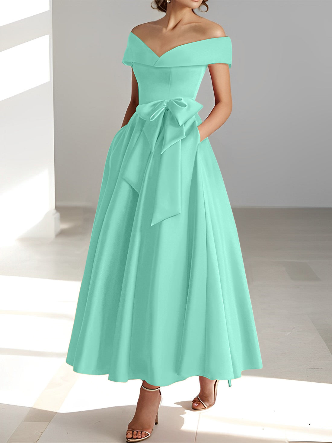 Princess A-Line Sleeveless Off-the-Shoulder Mother of the Bride Dress with Pockets Ankle-Length