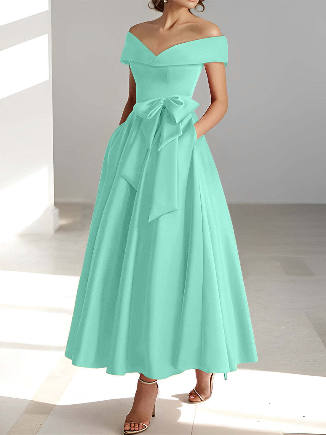 Princess A-Line Sleeveless Off-the-Shoulder Mother of the Bride Dress with Pockets Ankle-Length