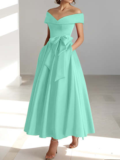 Princess A-Line Sleeveless Off-the-Shoulder Mother of the Bride Dress with Pockets Ankle-Length