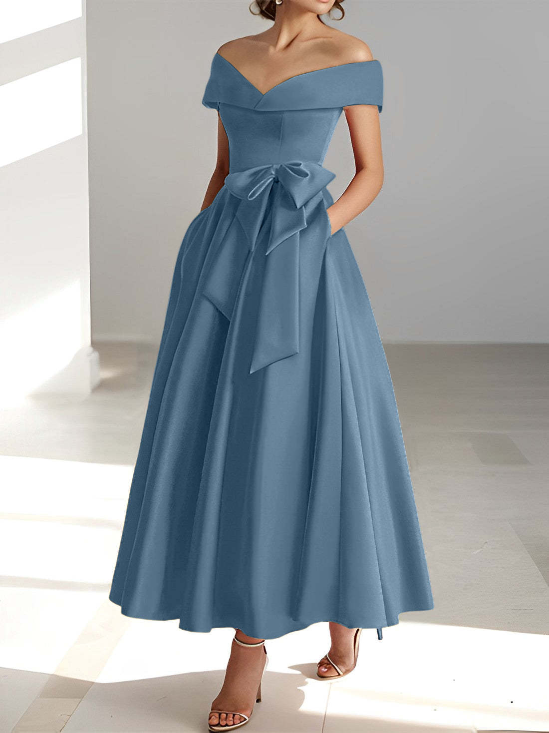 Princess A-Line Sleeveless Off-the-Shoulder Mother of the Bride Dress with Pockets Ankle-Length