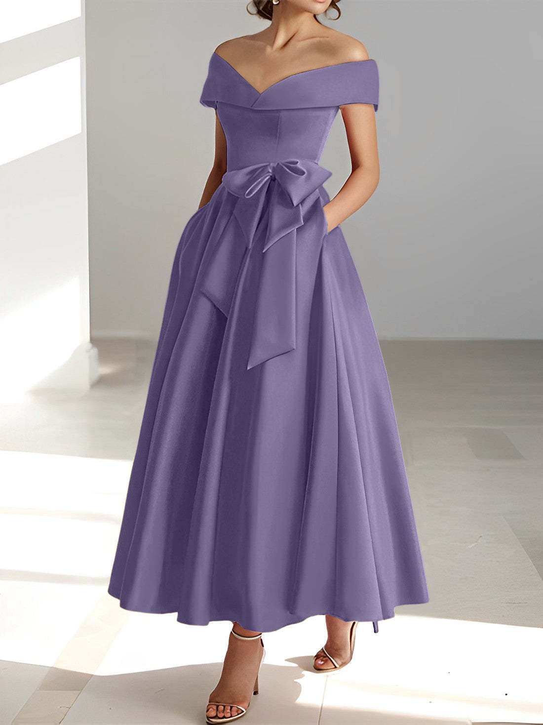 Princess A-Line Sleeveless Off-the-Shoulder Mother of the Bride Dress with Pockets Ankle-Length