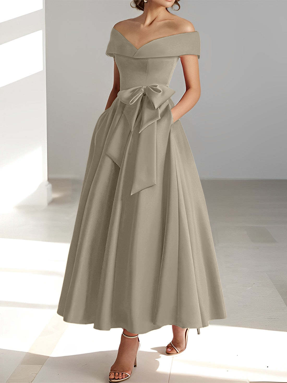 Princess A-Line Sleeveless Off-the-Shoulder Mother of the Bride Dress with Pockets Ankle-Length