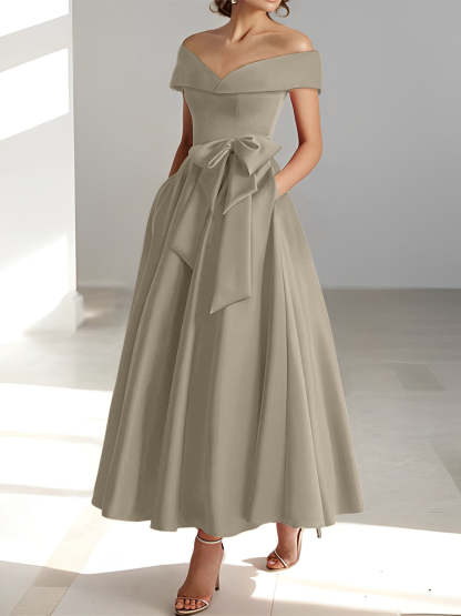 Princess A-Line Sleeveless Off-the-Shoulder Mother of the Bride Dress with Pockets Ankle-Length