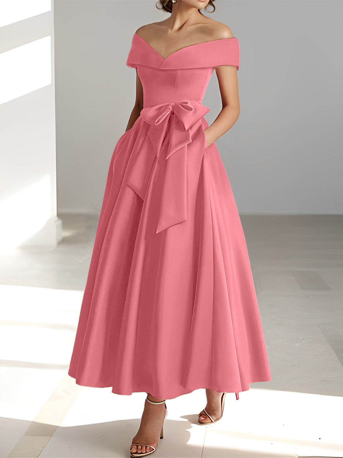 Princess A-Line Sleeveless Off-the-Shoulder Mother of the Bride Dress with Pockets Ankle-Length