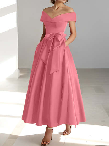 Princess A-Line Sleeveless Off-the-Shoulder Mother of the Bride Dress with Pockets Ankle-Length